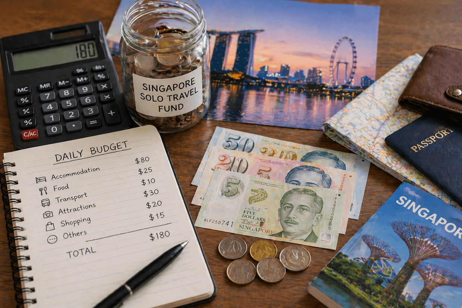 Singapore solo travel cost planning with budget notebook, cash and travel essentials for solo travel in Singapore