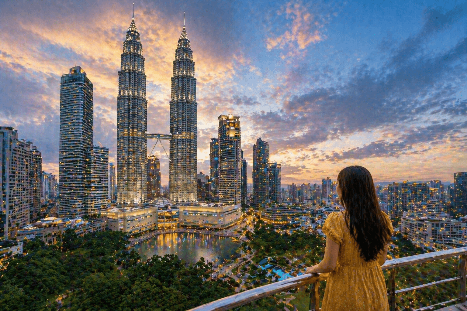 Petronas Twin Towers in Kuala Lumpur with city skyline view during sunset.