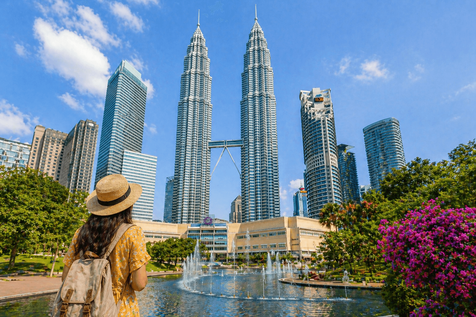 Petronas Twin Towers and Kuala Lumpur skyline with KLCC park view during daytime.
