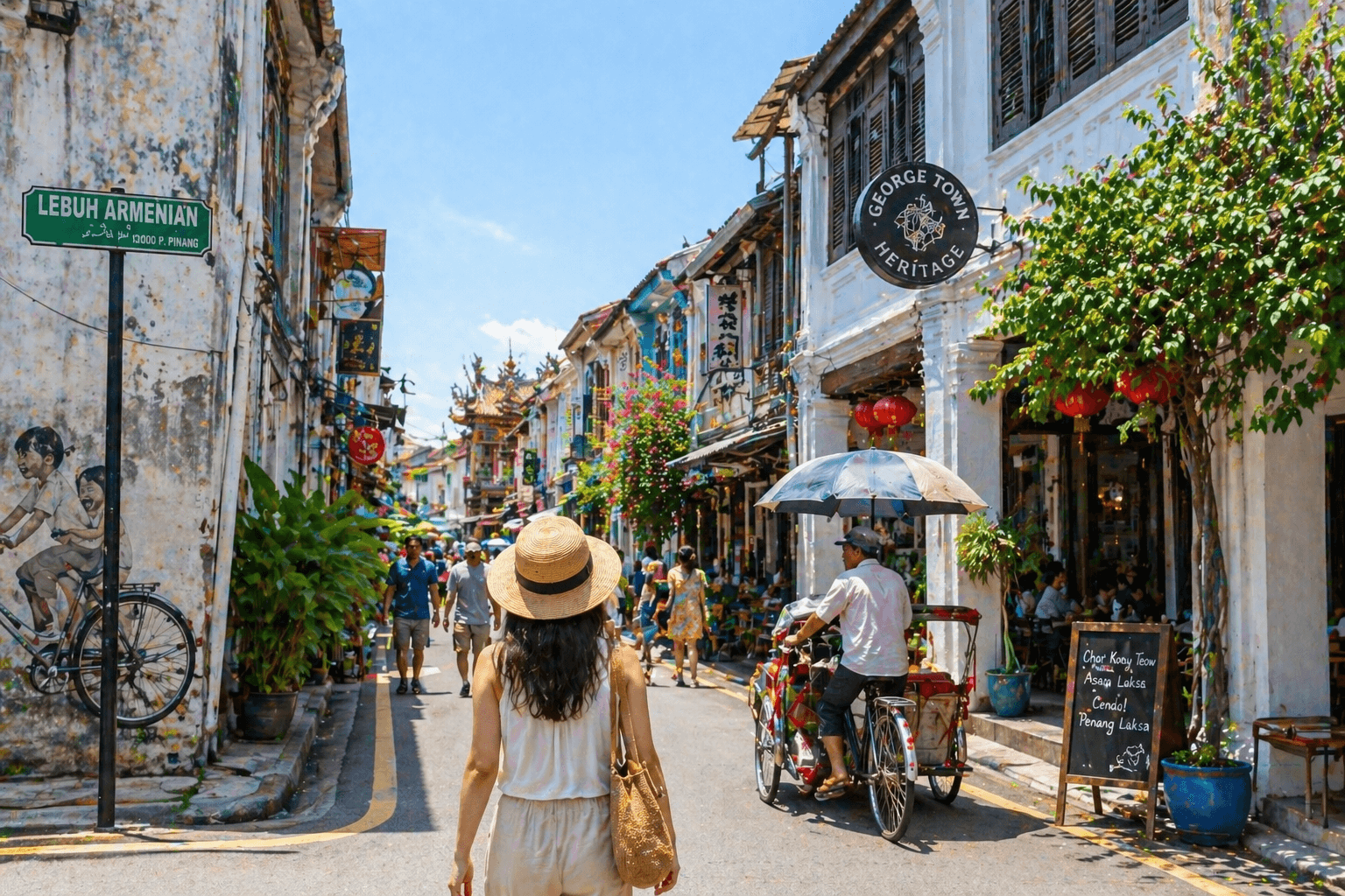 George Town Penang street with colorful heritage buildings and local food scene.