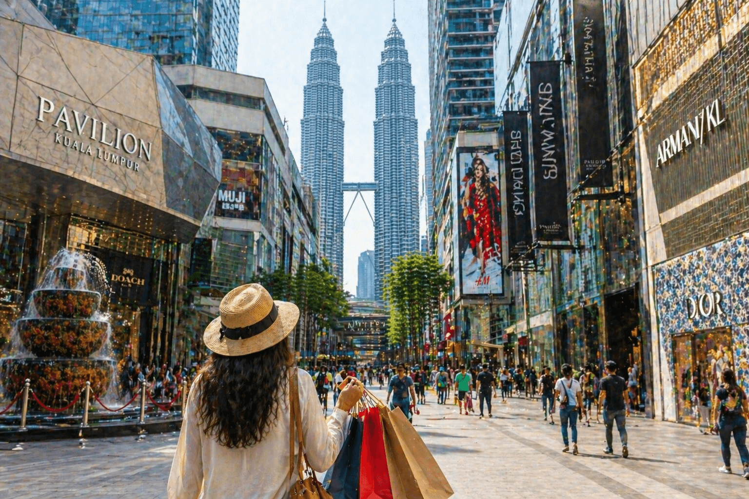 Shopping street in Kuala Lumpur with Petronas Twin Towers and busy city scene.