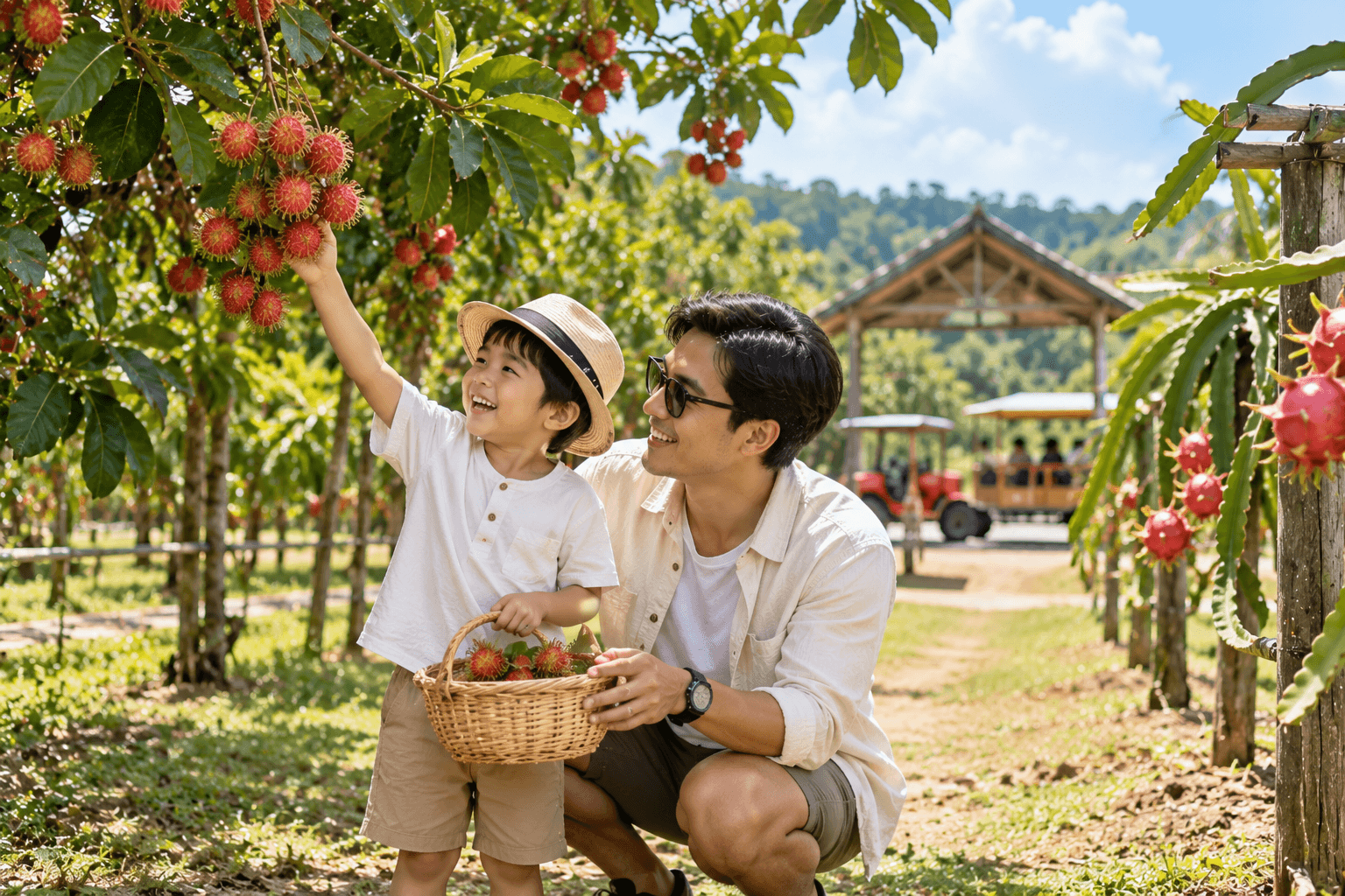 Father and son picking rambutan at Desaru Fruit Farm