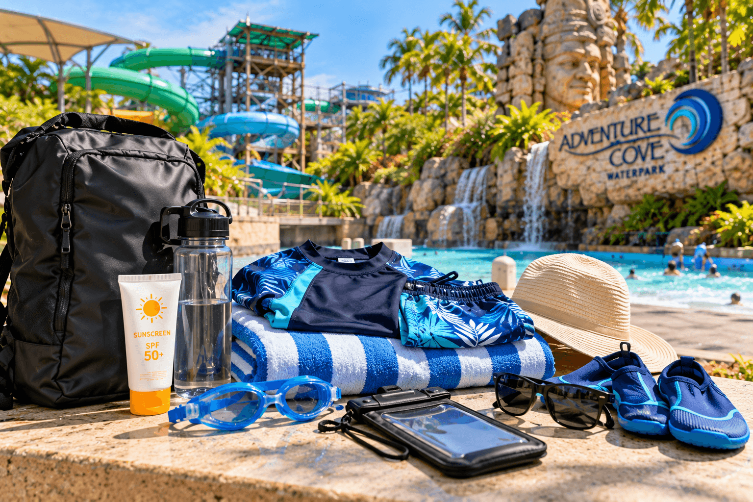 Waterpark essentials including swimwear, towel, sunscreen, goggles, water shoes and a dry bag