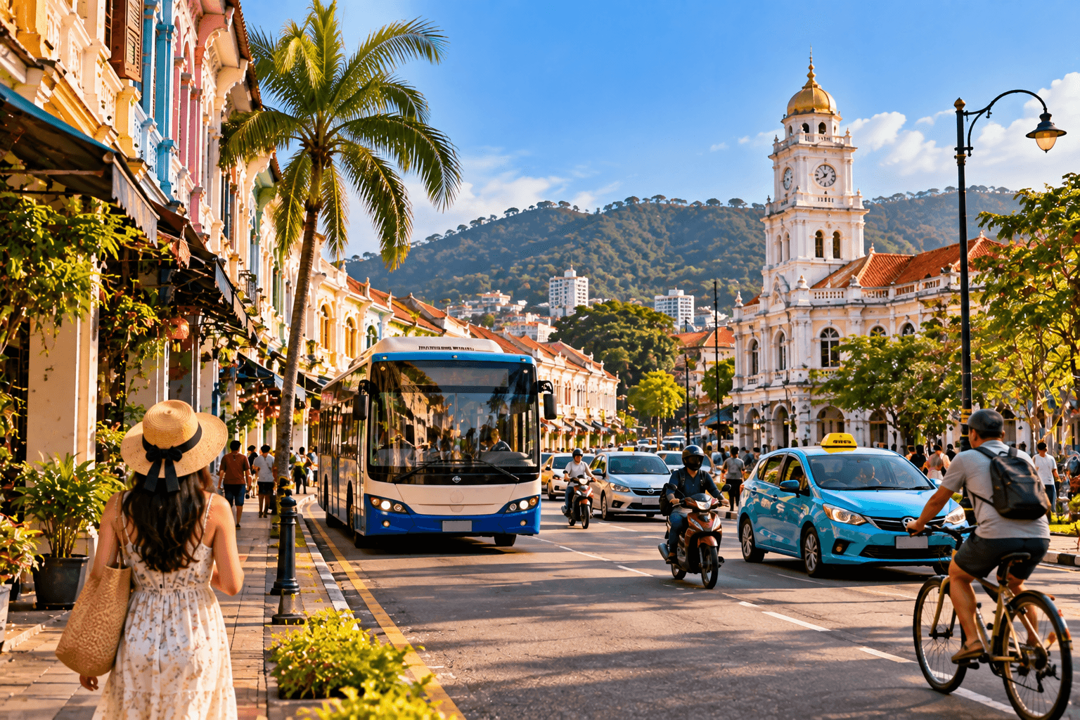 Getting around Penang with buses, taxis, motorcycles, bicycles and pedestrians on a George Town street