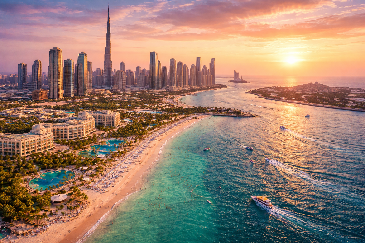 Dubai skyline and coastline with Burj Khalifa showcasing top things to do in Dubai