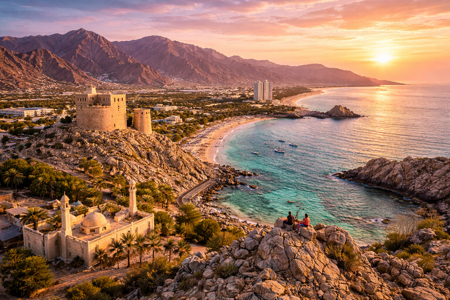 Fujairah coastline with mountains and historic fort showcasing top things to do in Fujairah