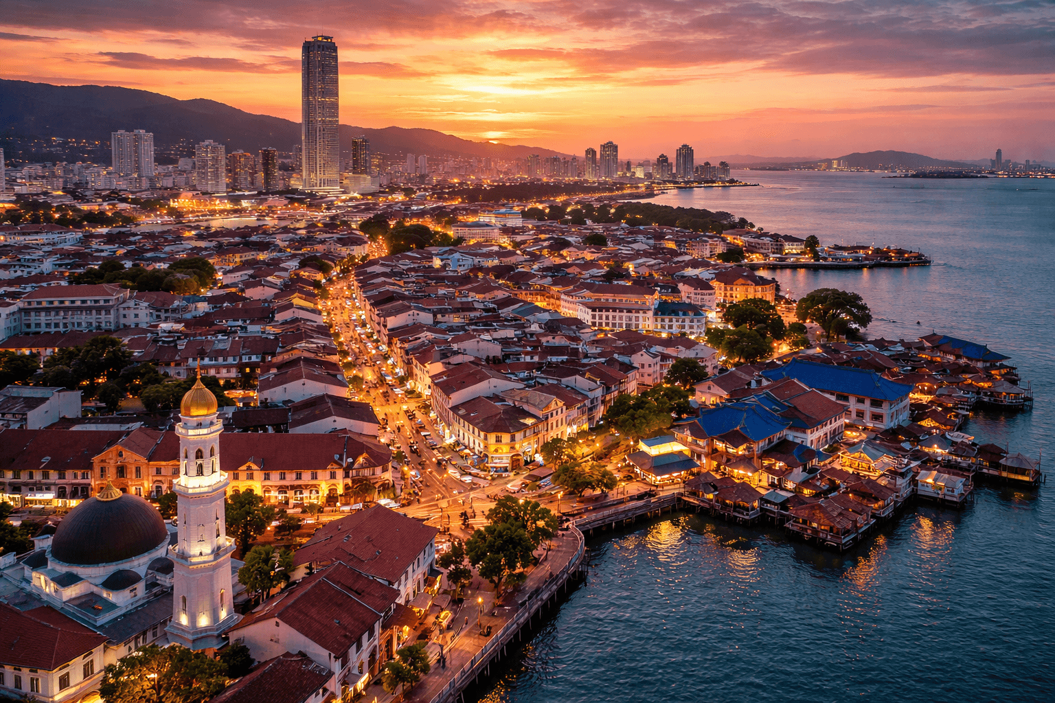 Aerial view of George Town Penang at sunset featuring heritage buildings, waterfront promenade, historic streets, and city skyline, one of the top places to visit and things to do in Penang Malaysia.