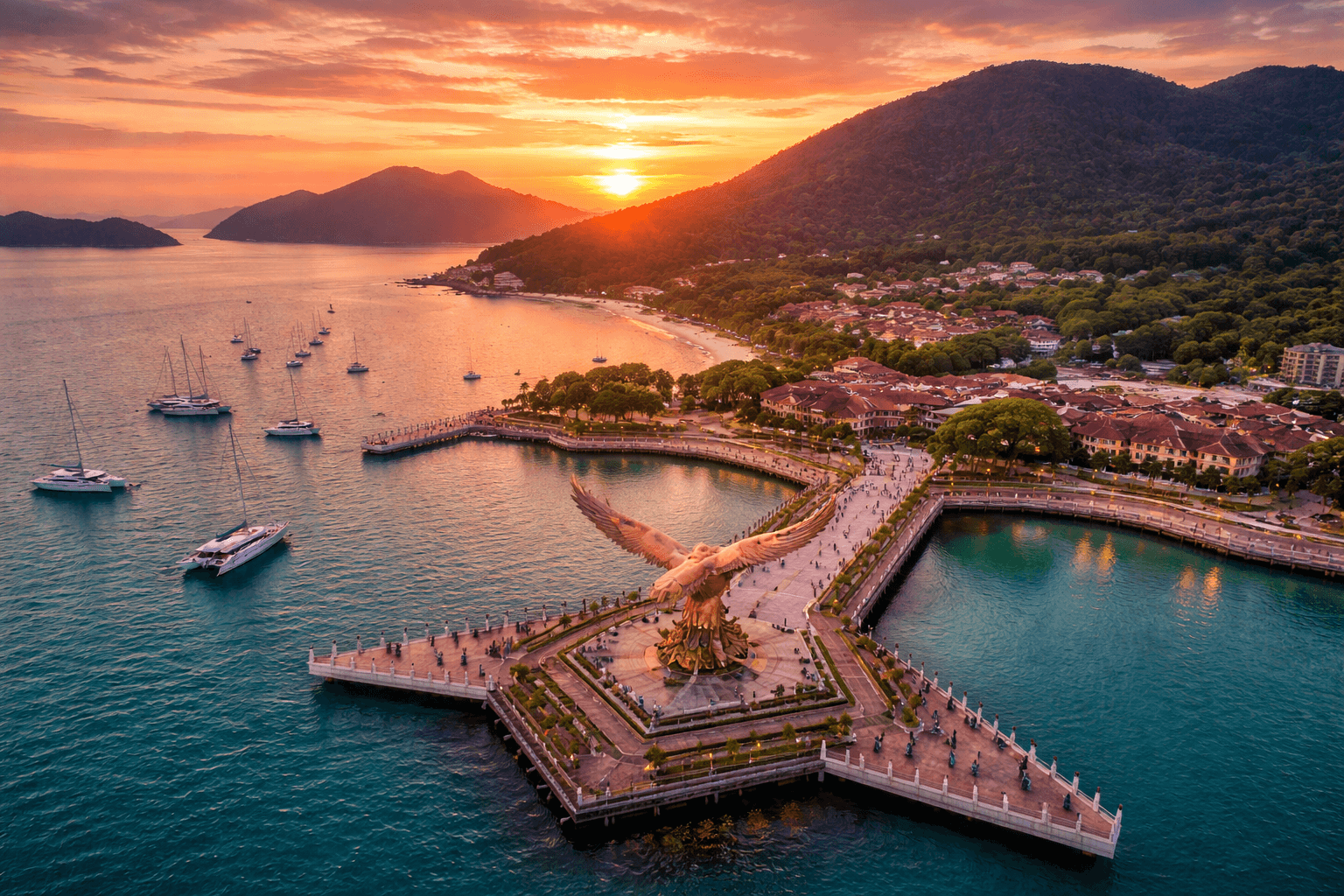 Langkawi Eagle Square (Dataran Lang) waterfront at sunset with marina views, beaches, and island coastline in Langkawi, Malaysia