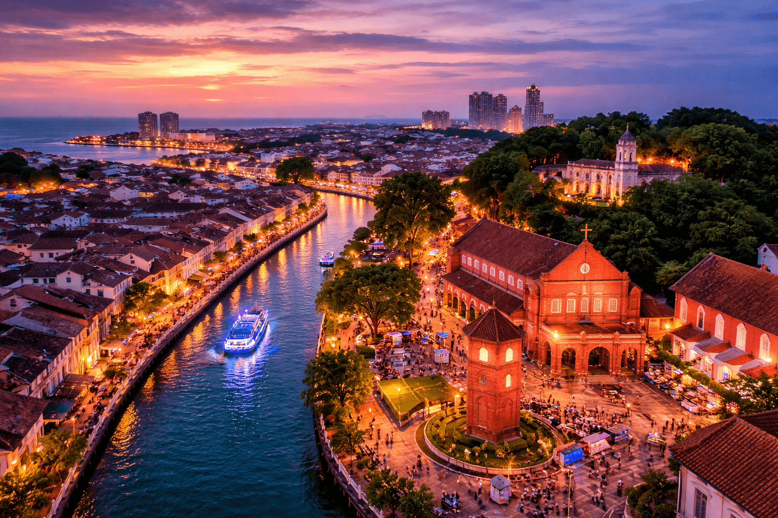 Malacca River and Dutch Square with Christ Church and historic buildings at sunset in Malacca (Melaka), Malaysia