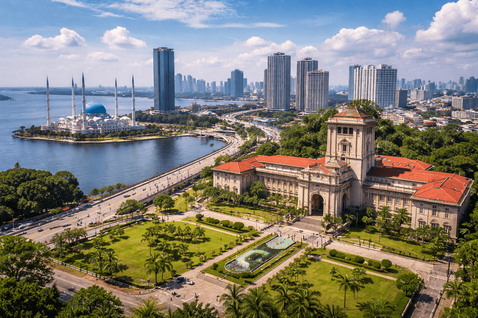Aerial view of Johor Bahru city skyline featuring Sultan Abu Bakar State Mosque and waterfront area, one of the popular places and things to do in Johor Bahru, Malaysia