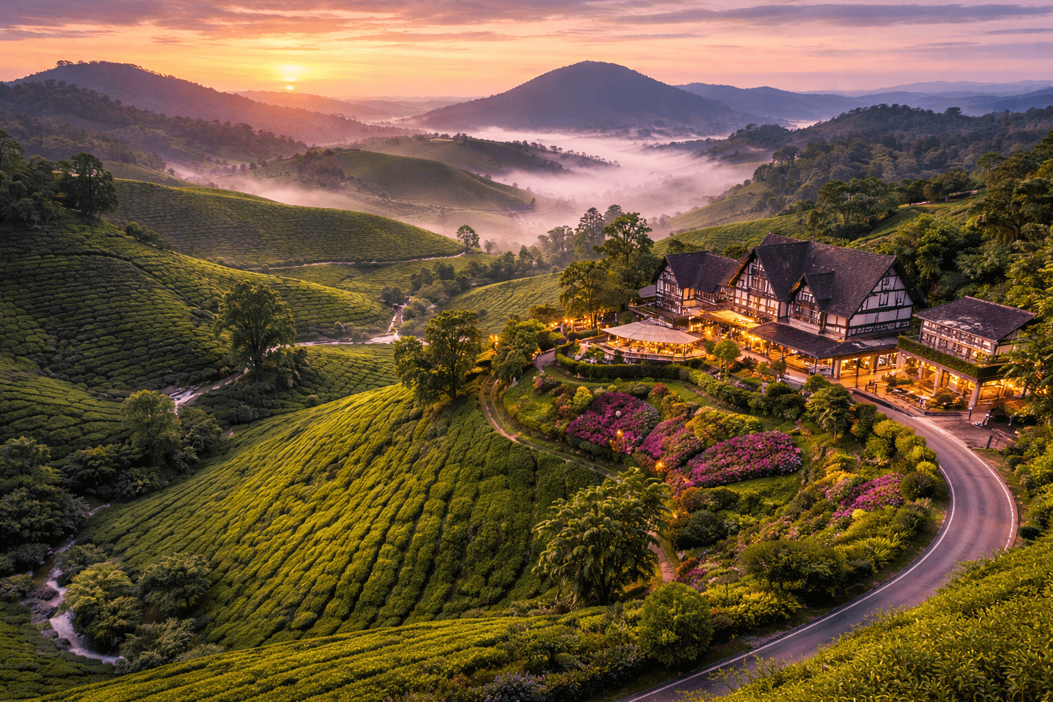Tea plantations and hillside resort views in Cameron Highlands, Malaysia, showcasing one of the top things to do in Cameron Highlands with scenic countryside landscapes