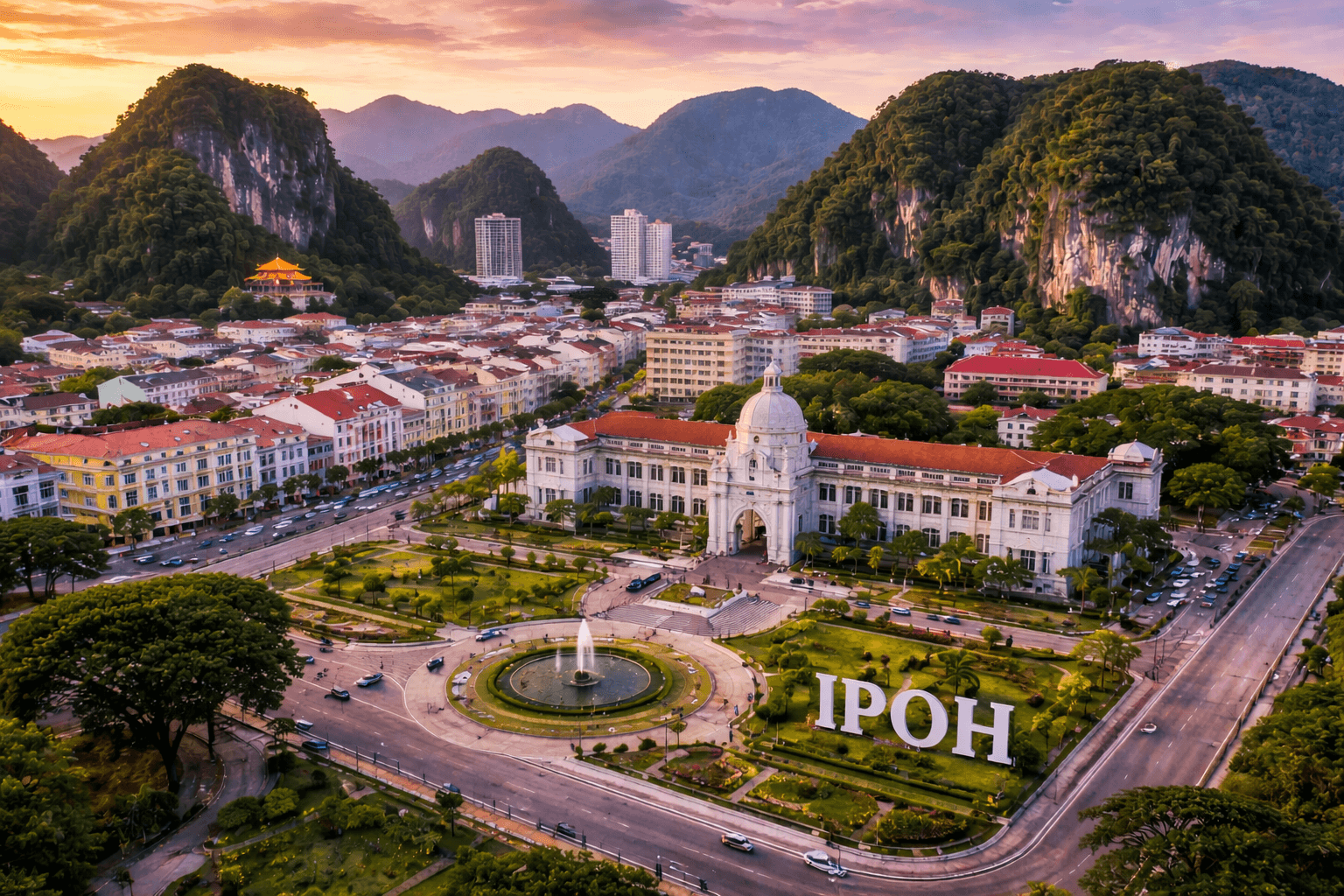 Ipoh Old Town skyline with heritage buildings, limestone hills, and city views highlighting popular things to do in Ipoh Malaysia