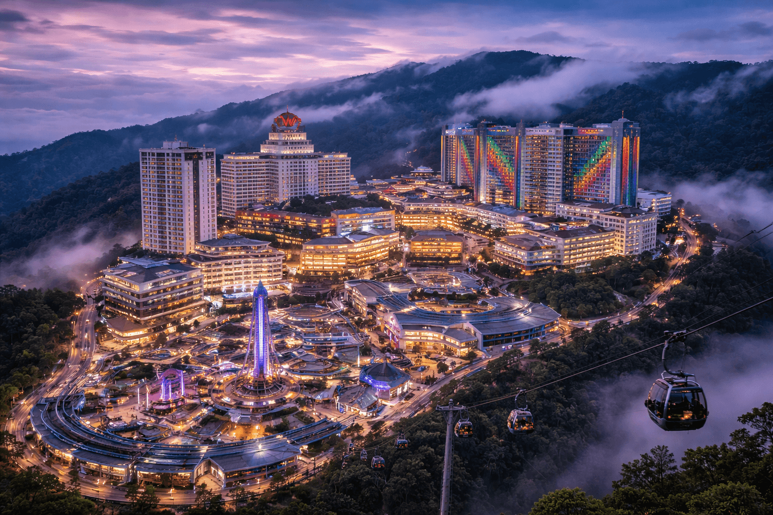 Genting Highlands hilltop resort with illuminated hotels, theme parks, and cable car rides showing popular things to do in Genting Highlands Malaysia