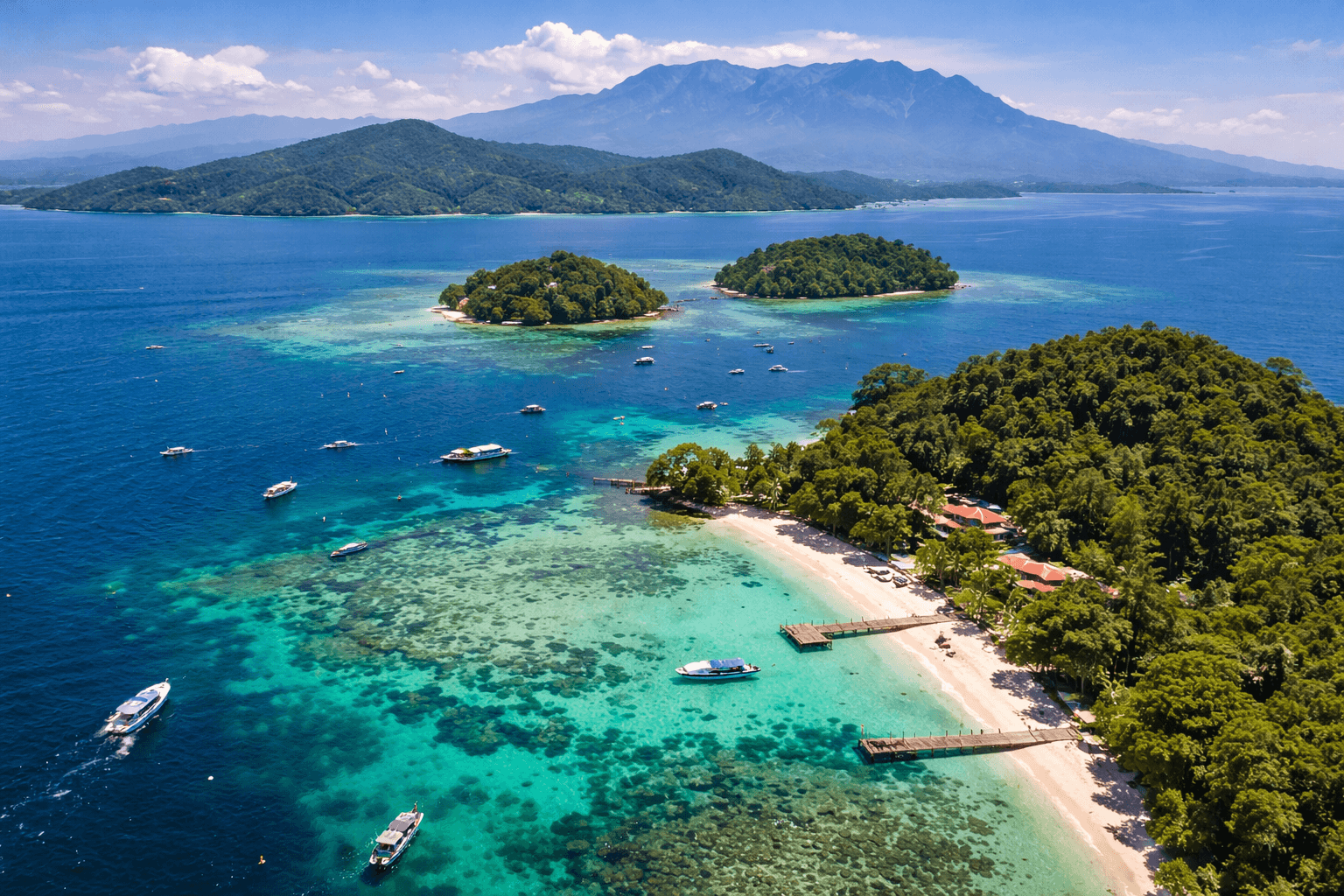 Aerial view of tropical islands and clear turquoise waters in Sabah, Malaysia, showcasing coastal scenery and island-hopping destinations near Kota Kinabalu