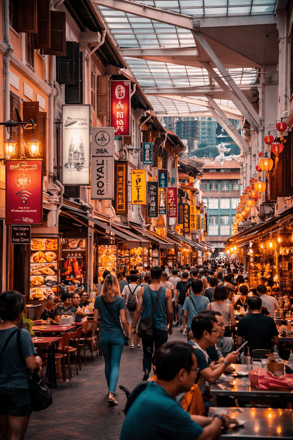 Busy Chinatown street in Singapore with restaurants, lanterns, and colorful shop signs at dusk.