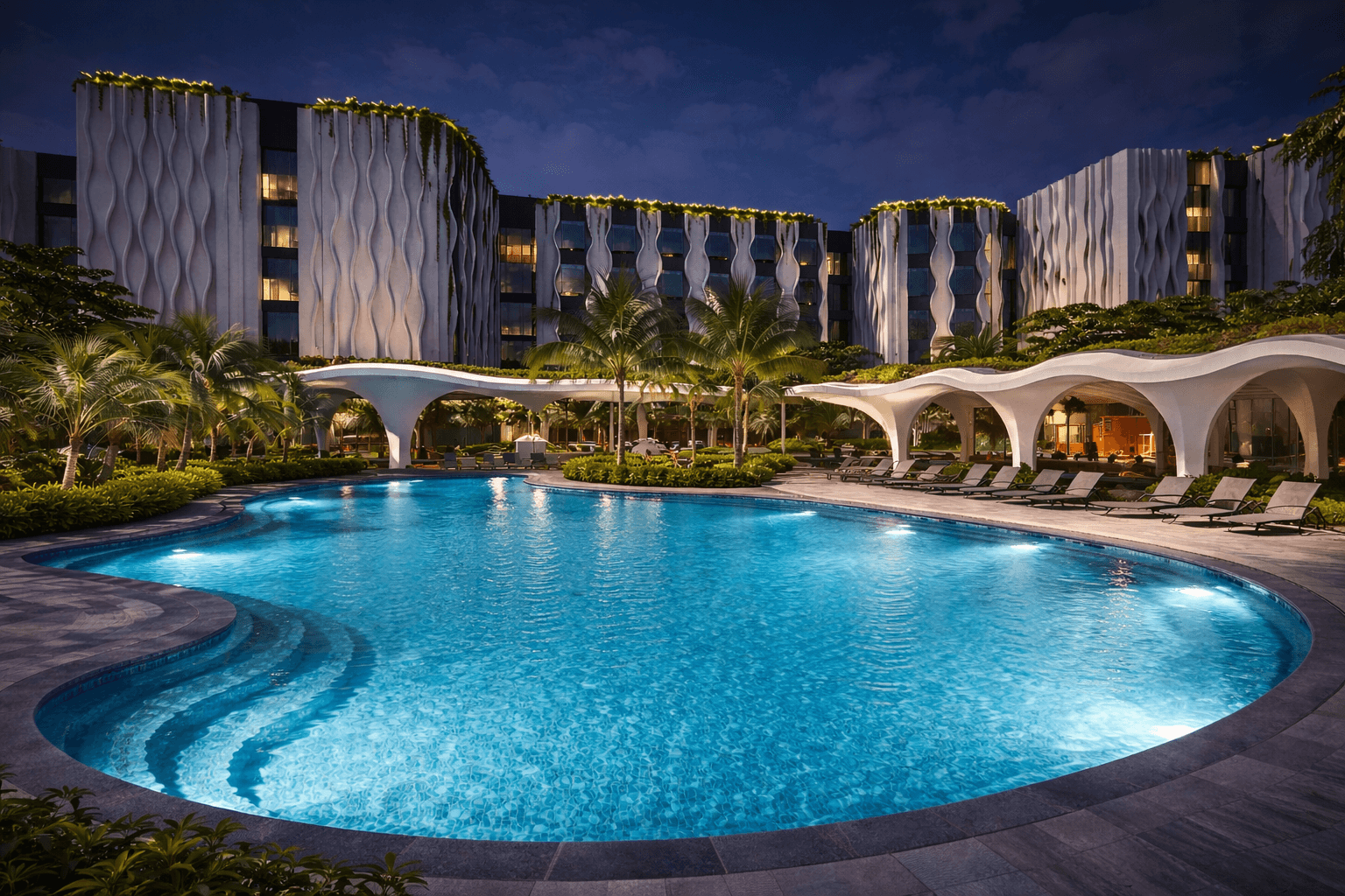 Night view of the family-friendly pool at Village Hotel Sentosa Singapore resort
