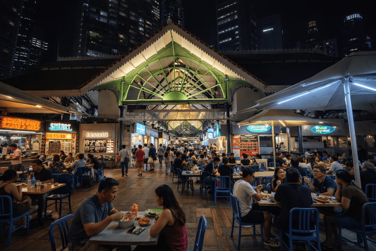 Busy late-night hawker centre in Singapore with people enjoying affordable street food