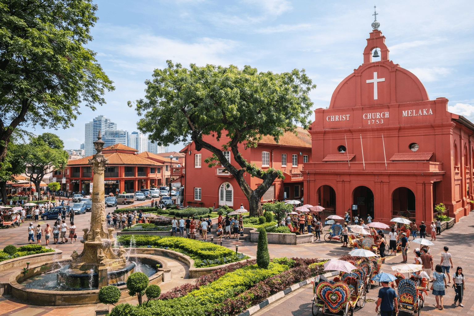 historic red church and lively square in Melaka Malaysia popular day trip destination
