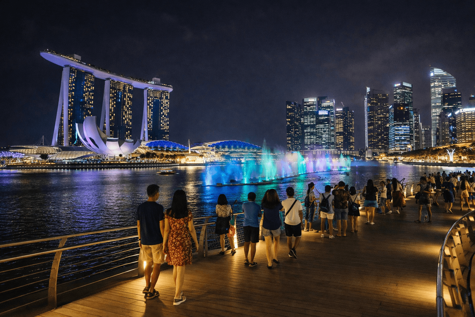 people walking along marina bay promenade with singapore skyline and night light show