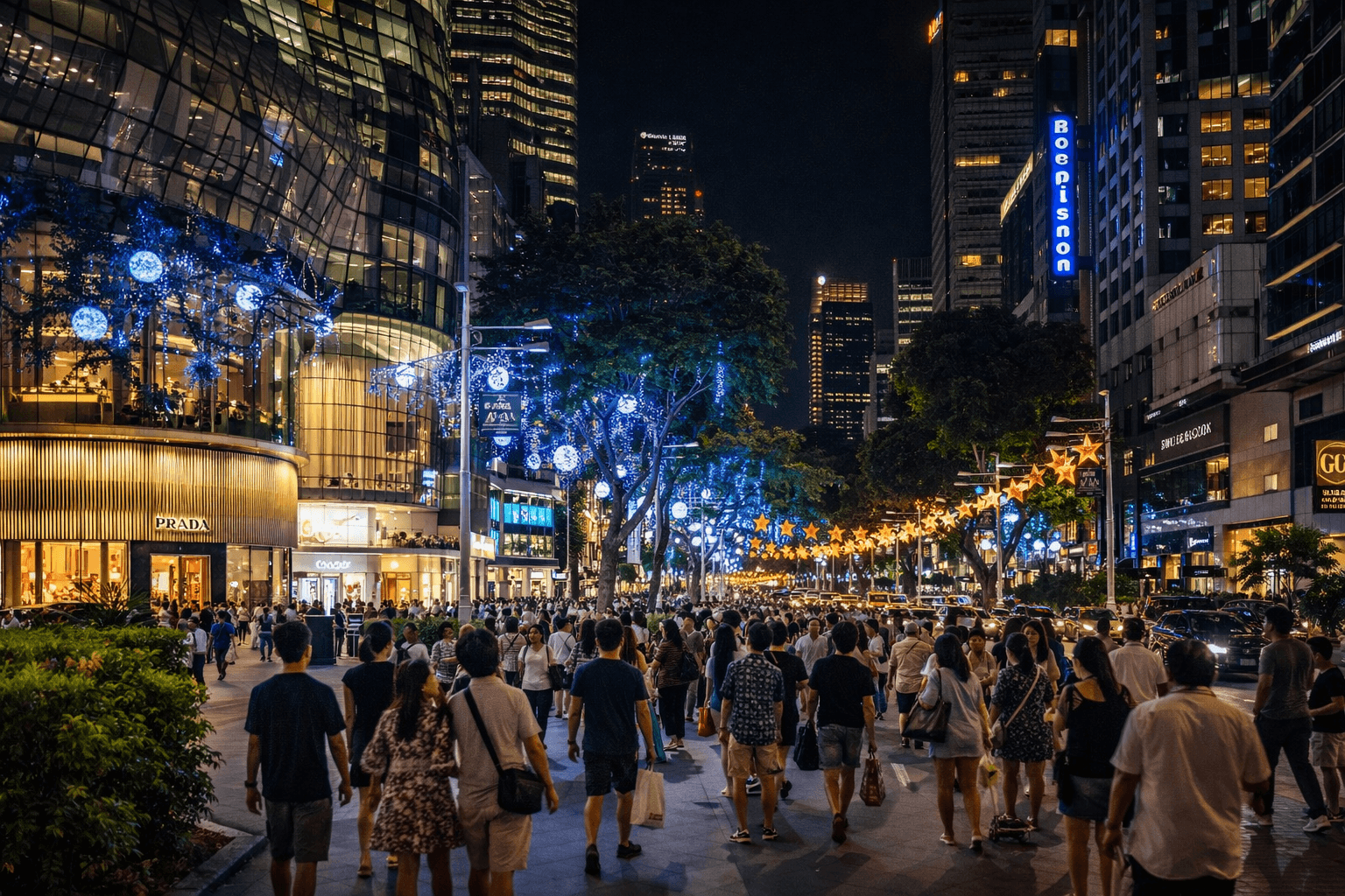 people walking along orchard road shopping street at night in singapore