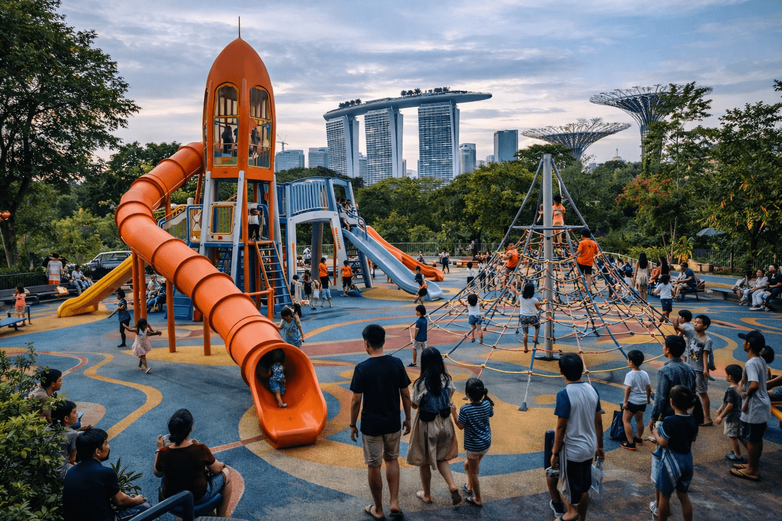 children playing at a colorful outdoor playground in singapore city park
