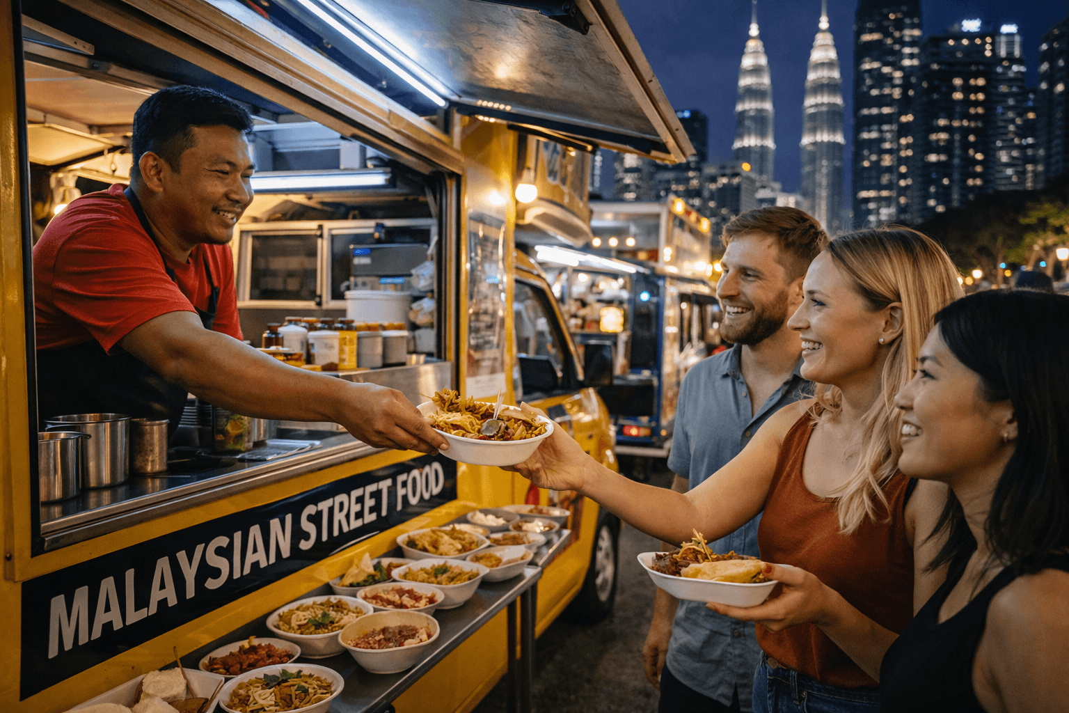 tourists enjoying malaysian street food from a food truck during a kuala lumpur night food tour