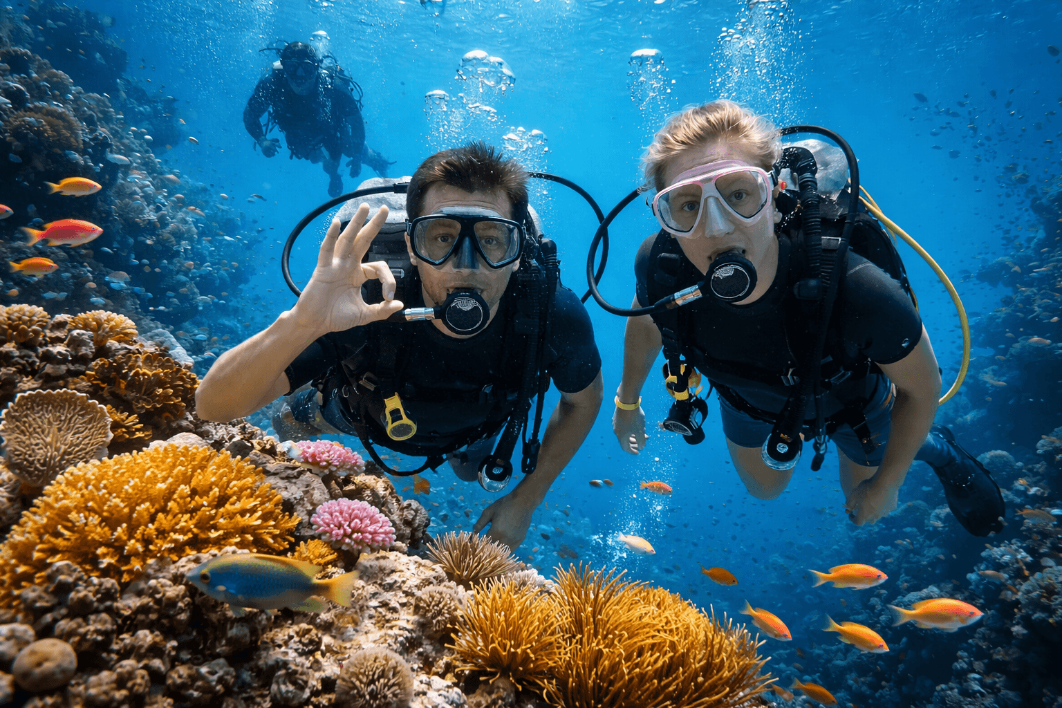 scuba divers exploring colorful coral reef and tropical fish in malaysia waters