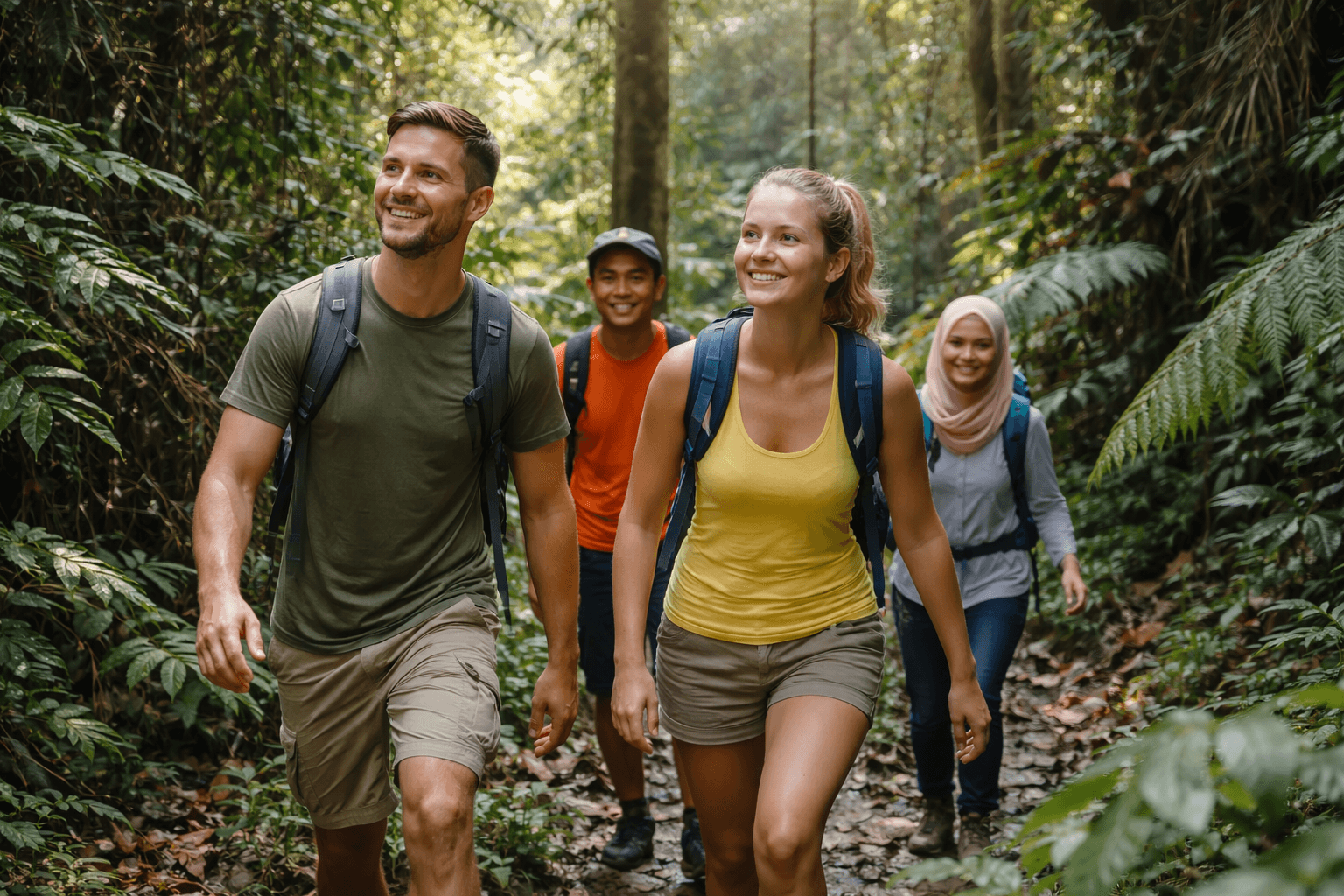 tourists trekking through dense tropical rainforest during a jungle hiking adventure in malaysia