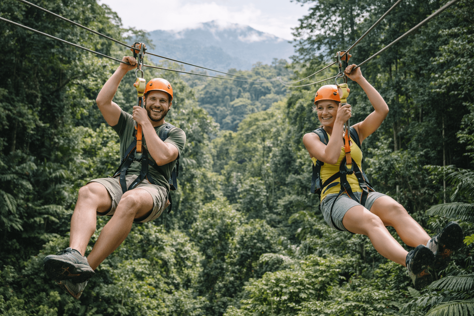 tourists ziplining above tropical rainforest canopy during adventure activity in malaysia