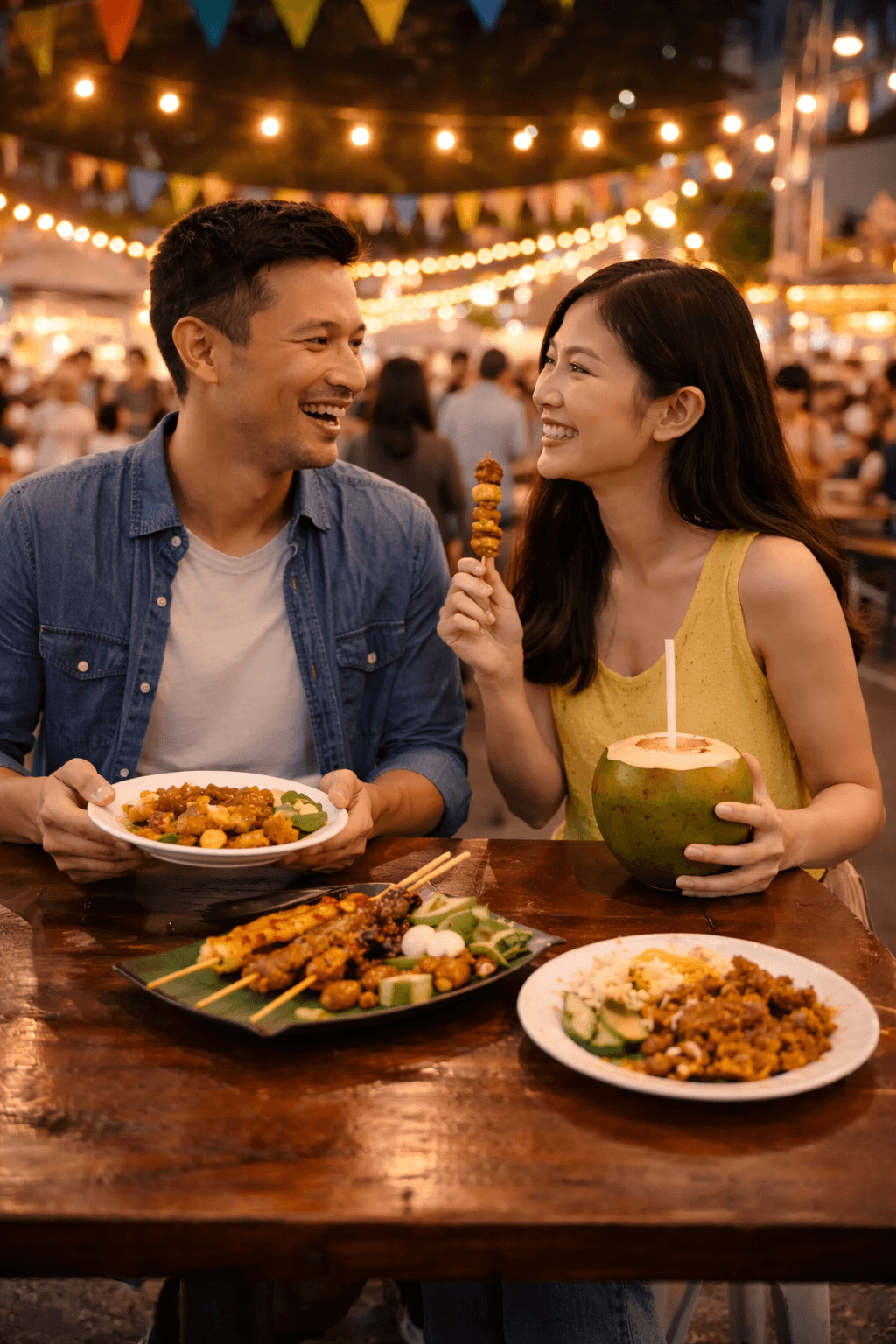 couple enjoying street food at penang food festival night market malaysia