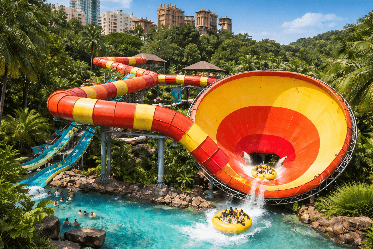giant funnel water slide at a tropical water park in malaysia