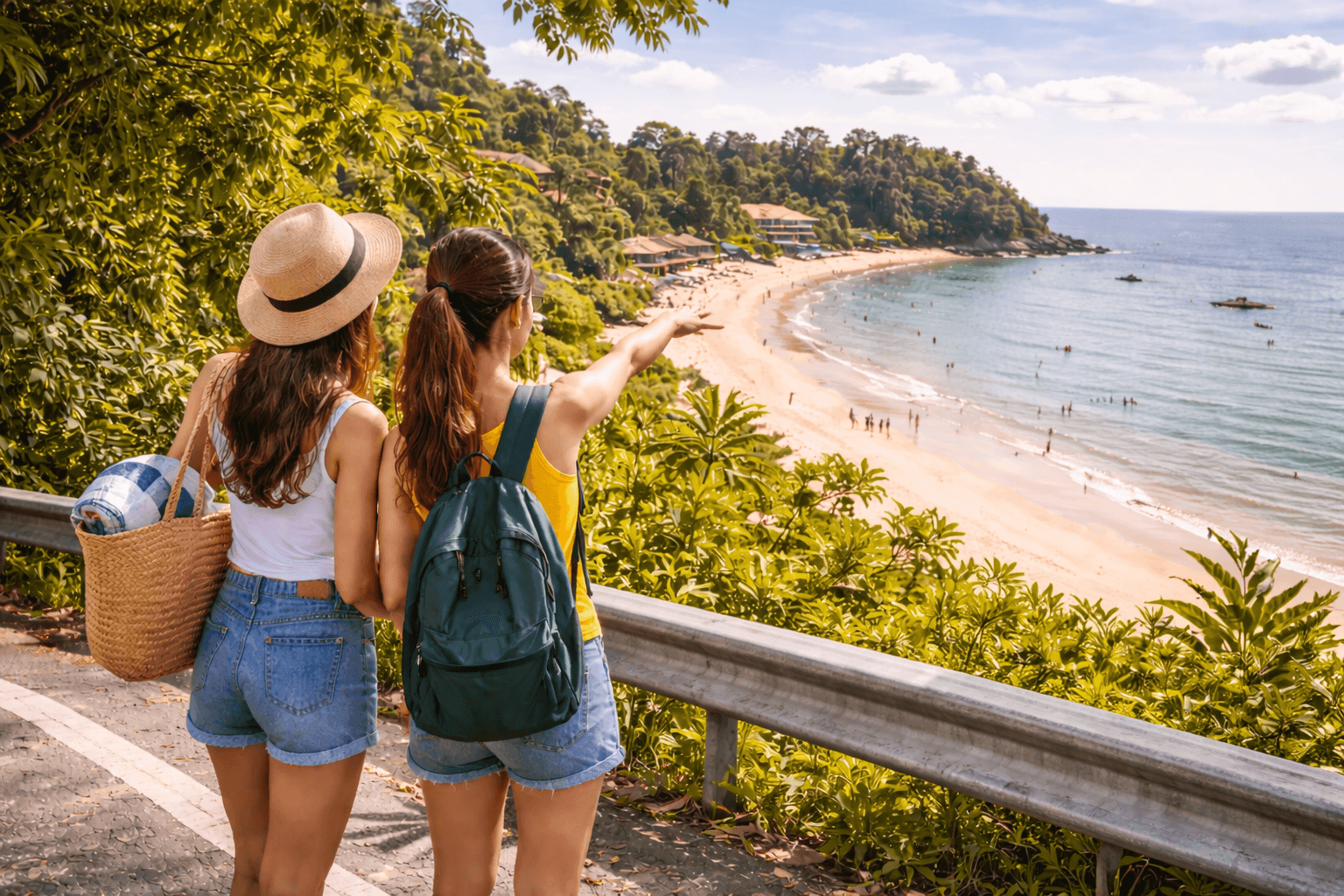 two friends enjoying scenic beach view during kuala lumpur to port dickson road trip malaysia