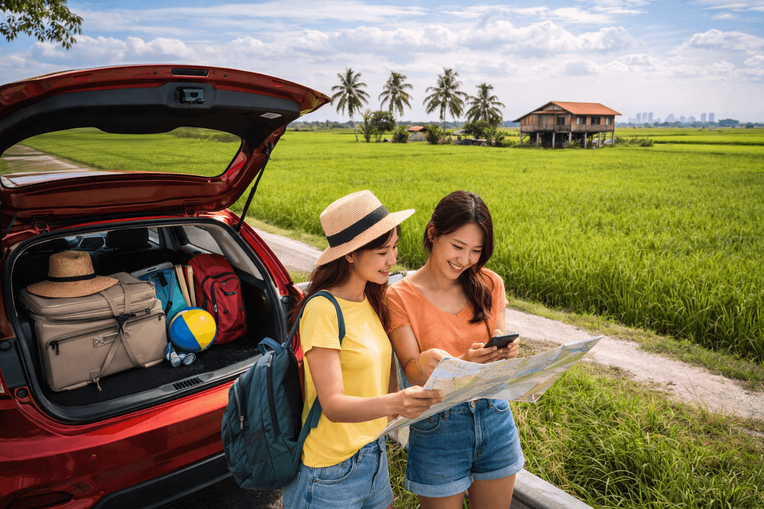 two travelers exploring rice fields during kuala lumpur to sekinchan road trip malaysia
