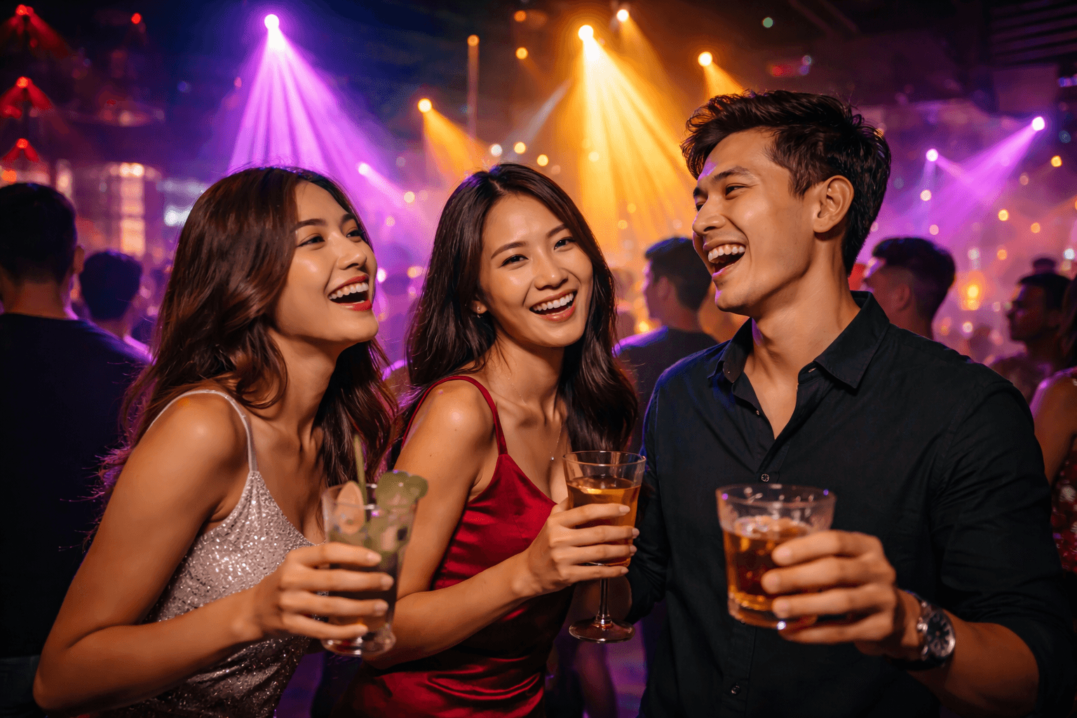 friends enjoying nightlife and drinks at a nightclub in kuala lumpur malaysia
