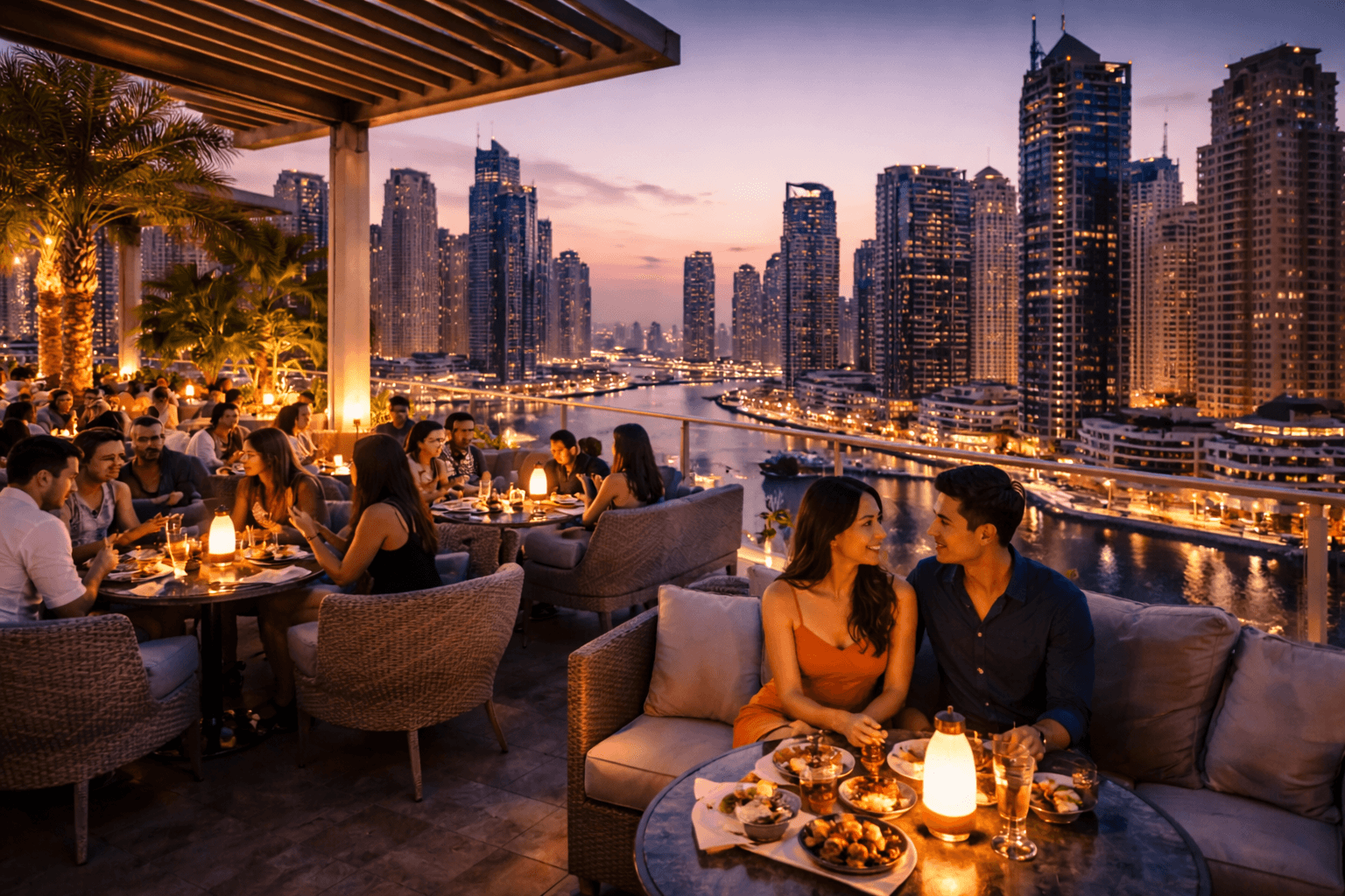 Pure Sky Lounge rooftop restaurant with Dubai Marina skyline and waterfront view at sunset