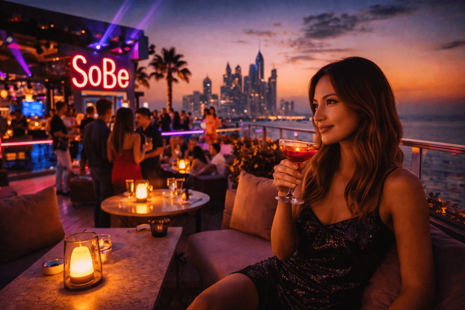 Woman enjoying a cocktail at SoBe Dubai rooftop bar with skyline sunset views