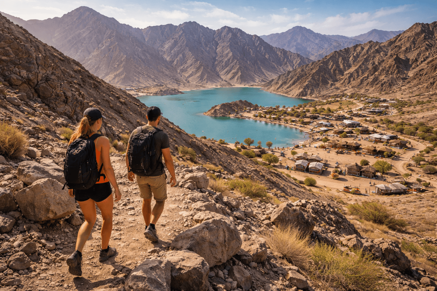 Hikers walking along rocky mountain trails overlooking Hatta Dam and Hajar Mountains in Dubai
