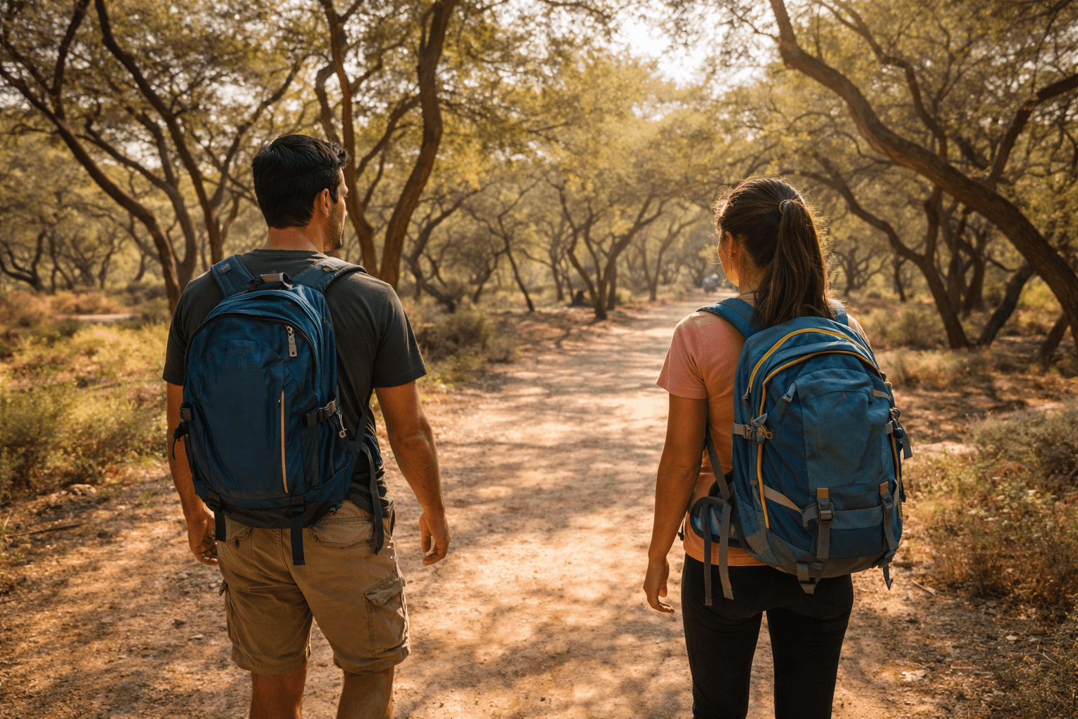 Hikers walking along shaded trail through ghaf trees at Mushrif Park Dubai