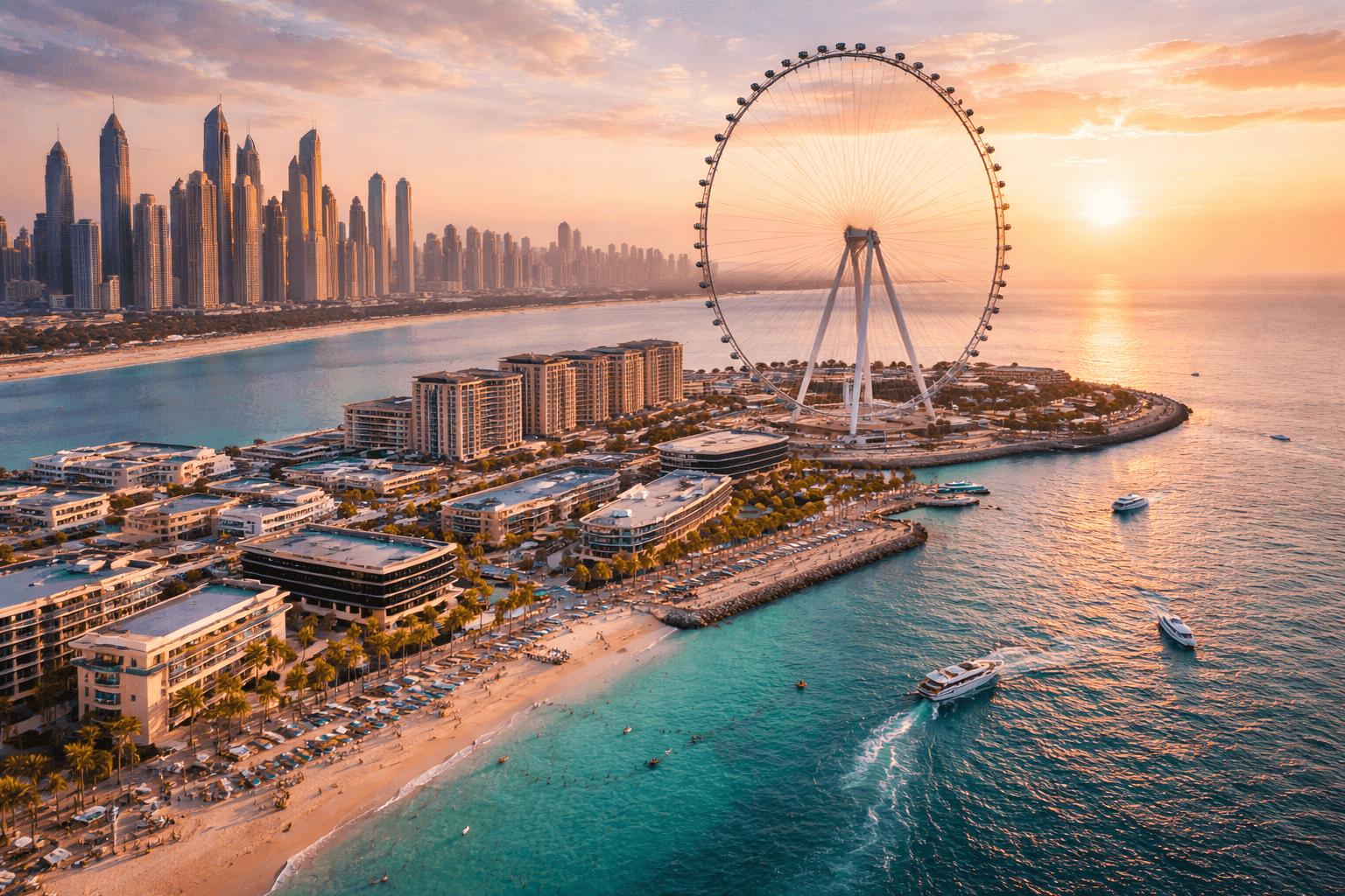 Aerial view of Bluewaters Island with Ain Dubai observation wheel and Dubai Marina skyline at sunset