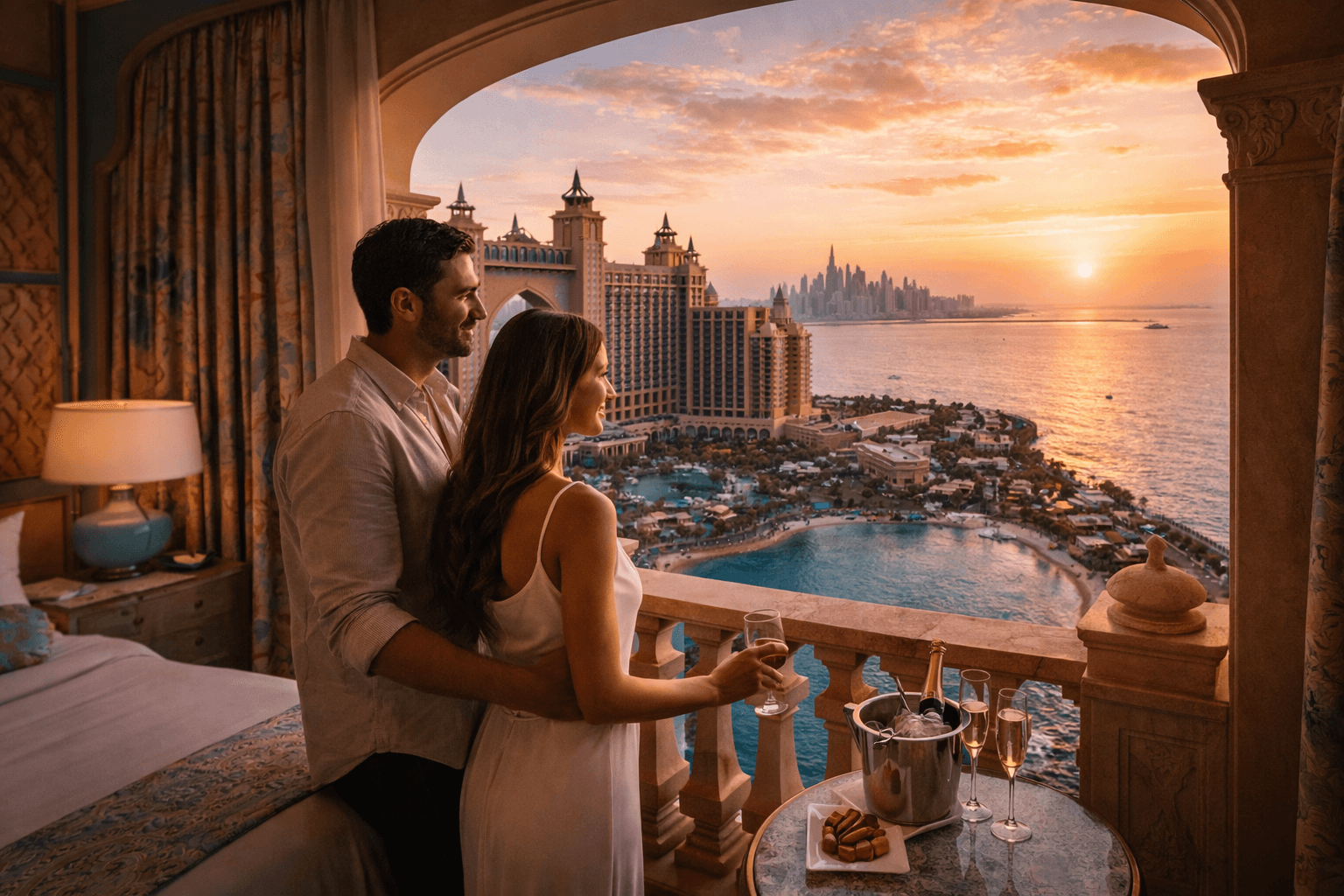 Couple enjoying luxury staycation with Atlantis The Palm view in Dubai