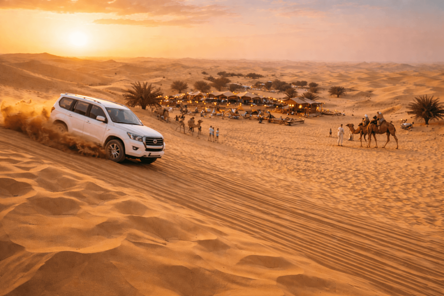 4x4 SUV dune bashing during a Dubai desert safari at sunset