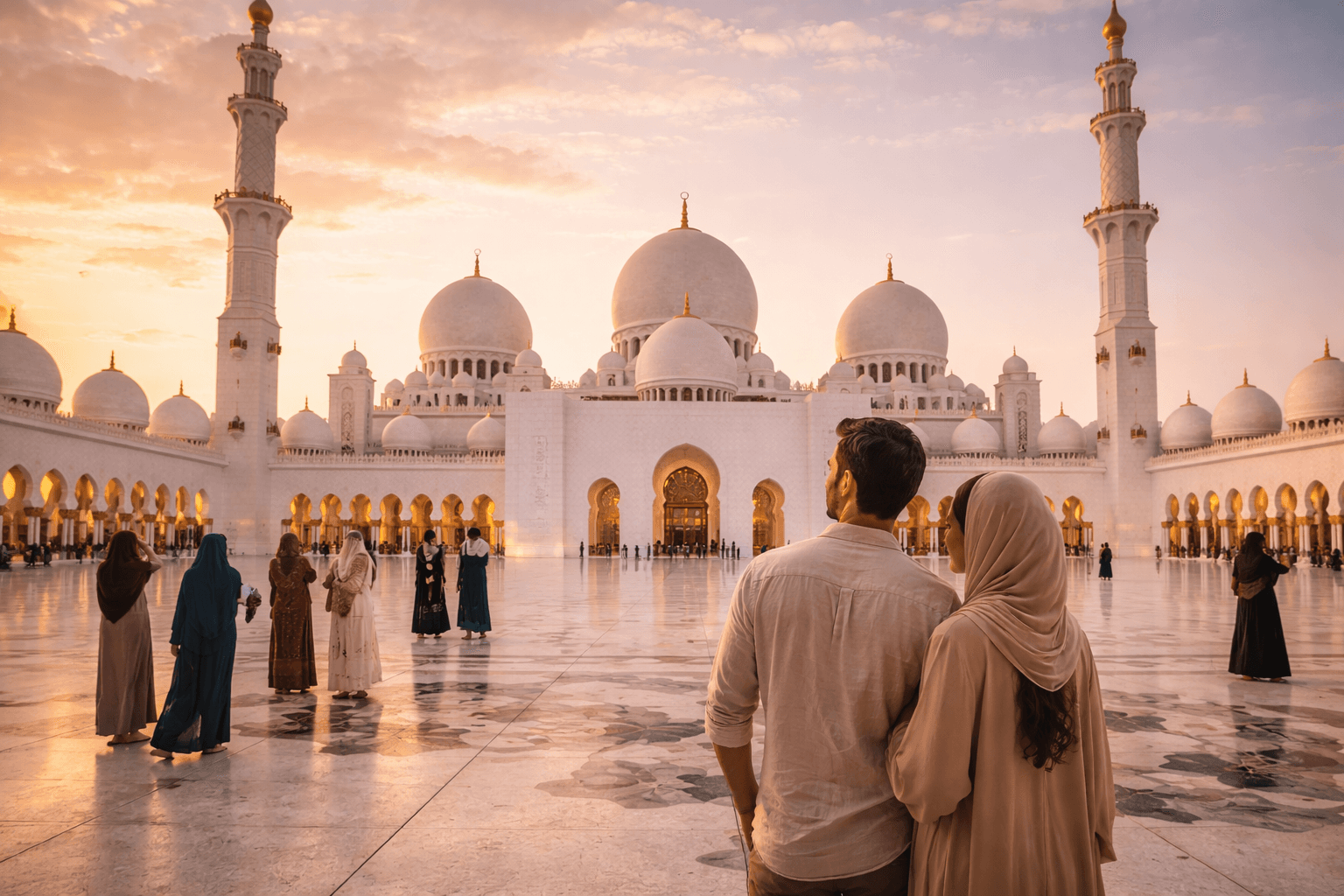 Visitors exploring Sheikh Zayed Grand Mosque in Abu Dhabi at sunset