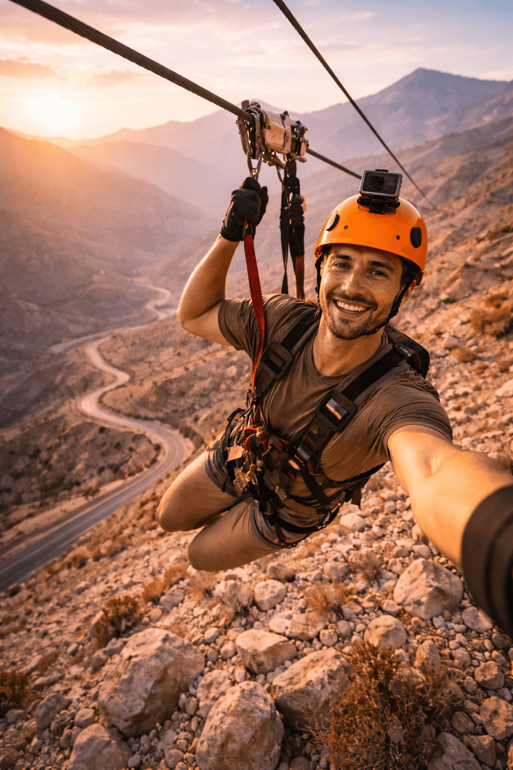 Man ziplining over the mountains of Jebel Jais in Ras Al Khaimah UAE