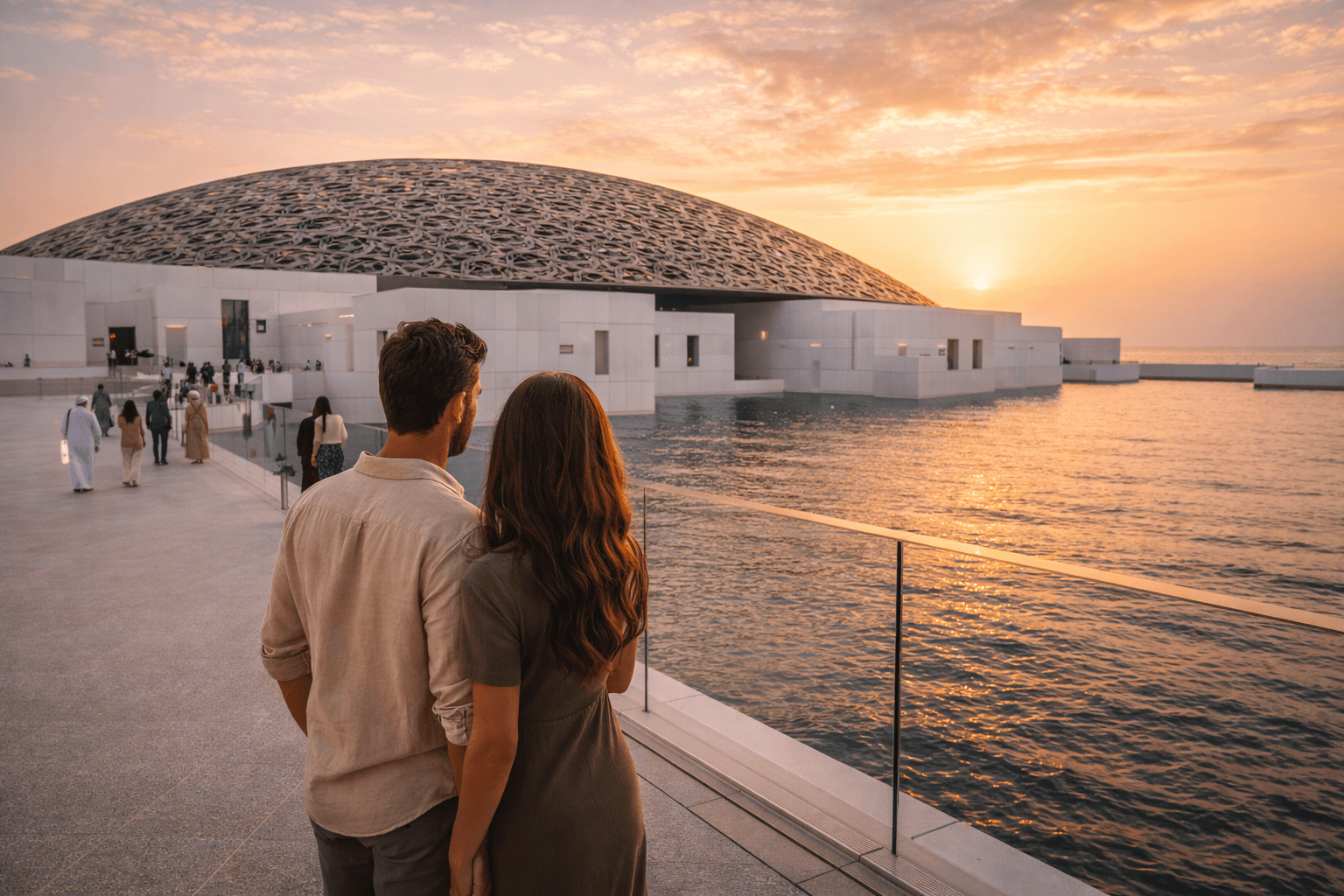 Louvre Abu Dhabi museum with its iconic dome architecture at sunset