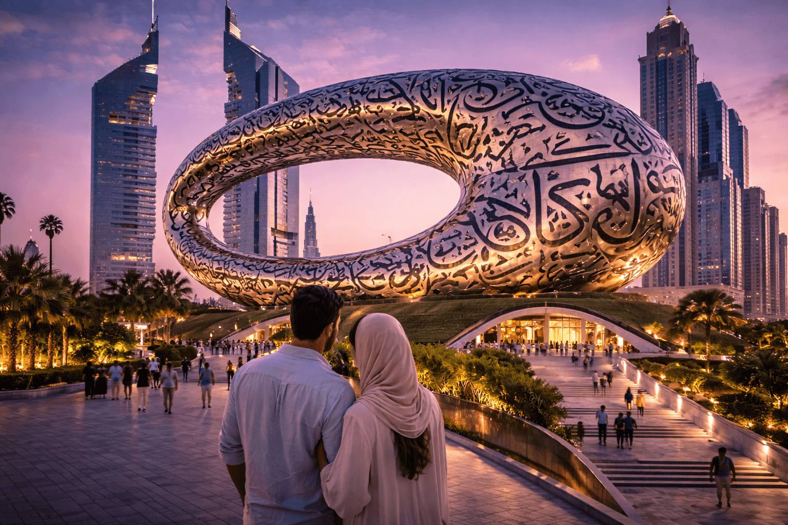Museum of the Future building illuminated at night in Dubai