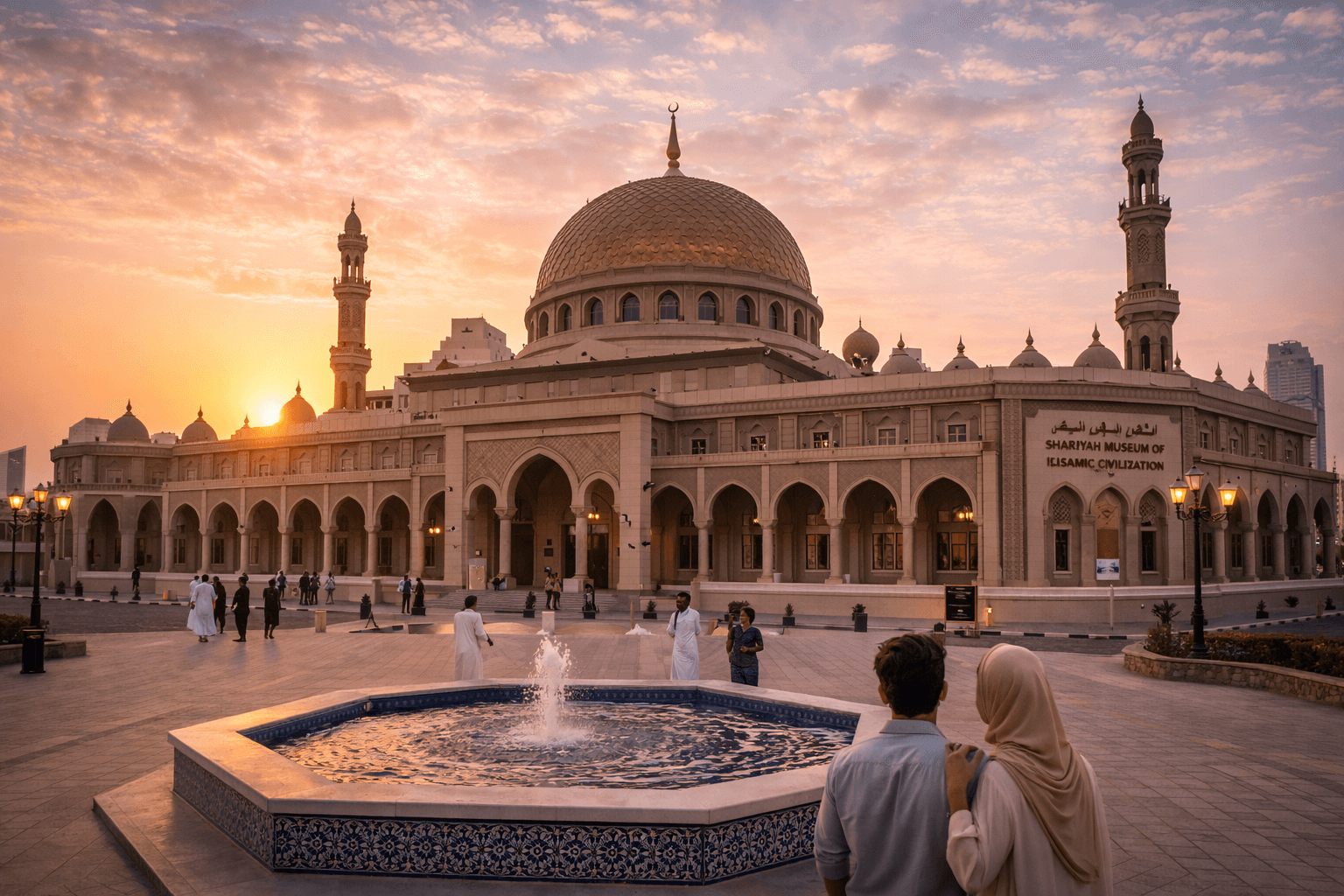 Sharjah Museum of Islamic Civilization with golden dome at sunset