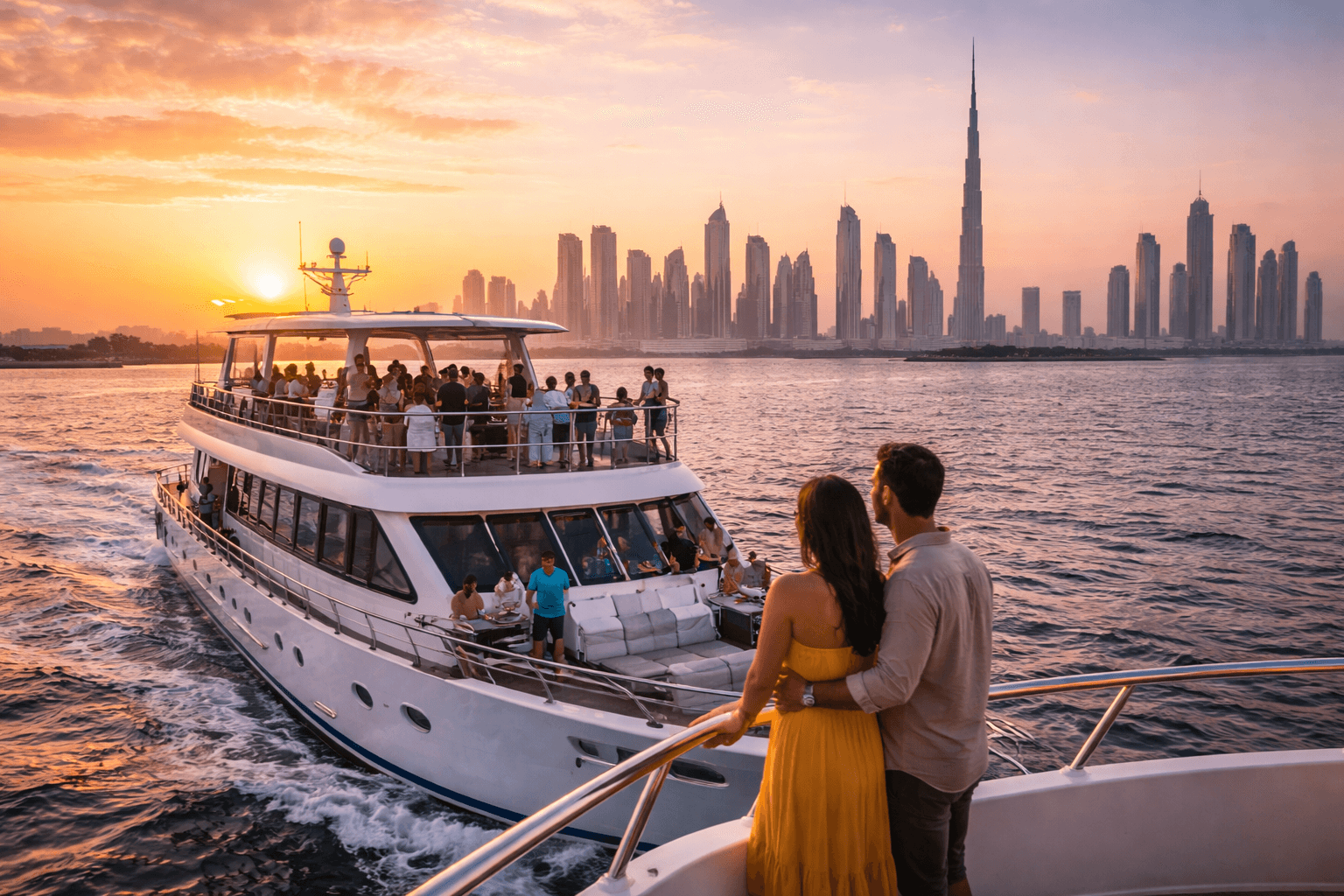 Sightseeing cruise boat sailing in Dubai with skyline view at sunset