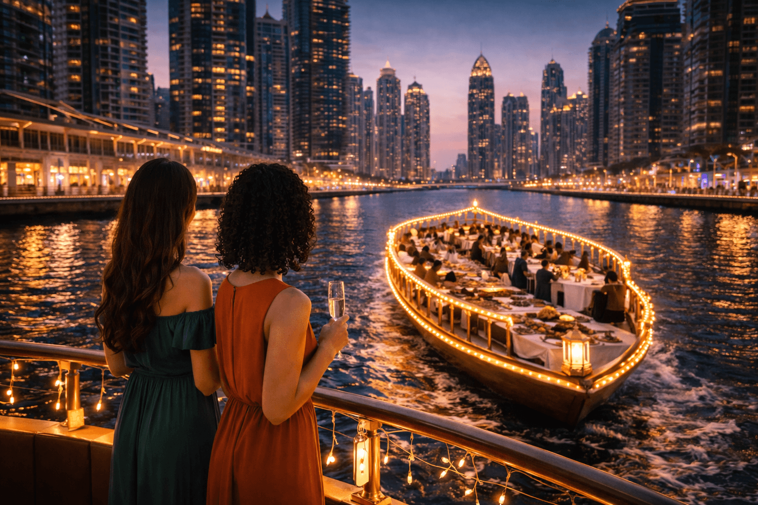 Two friends enjoying a Dubai Marina dinner cruise with skyline view at night