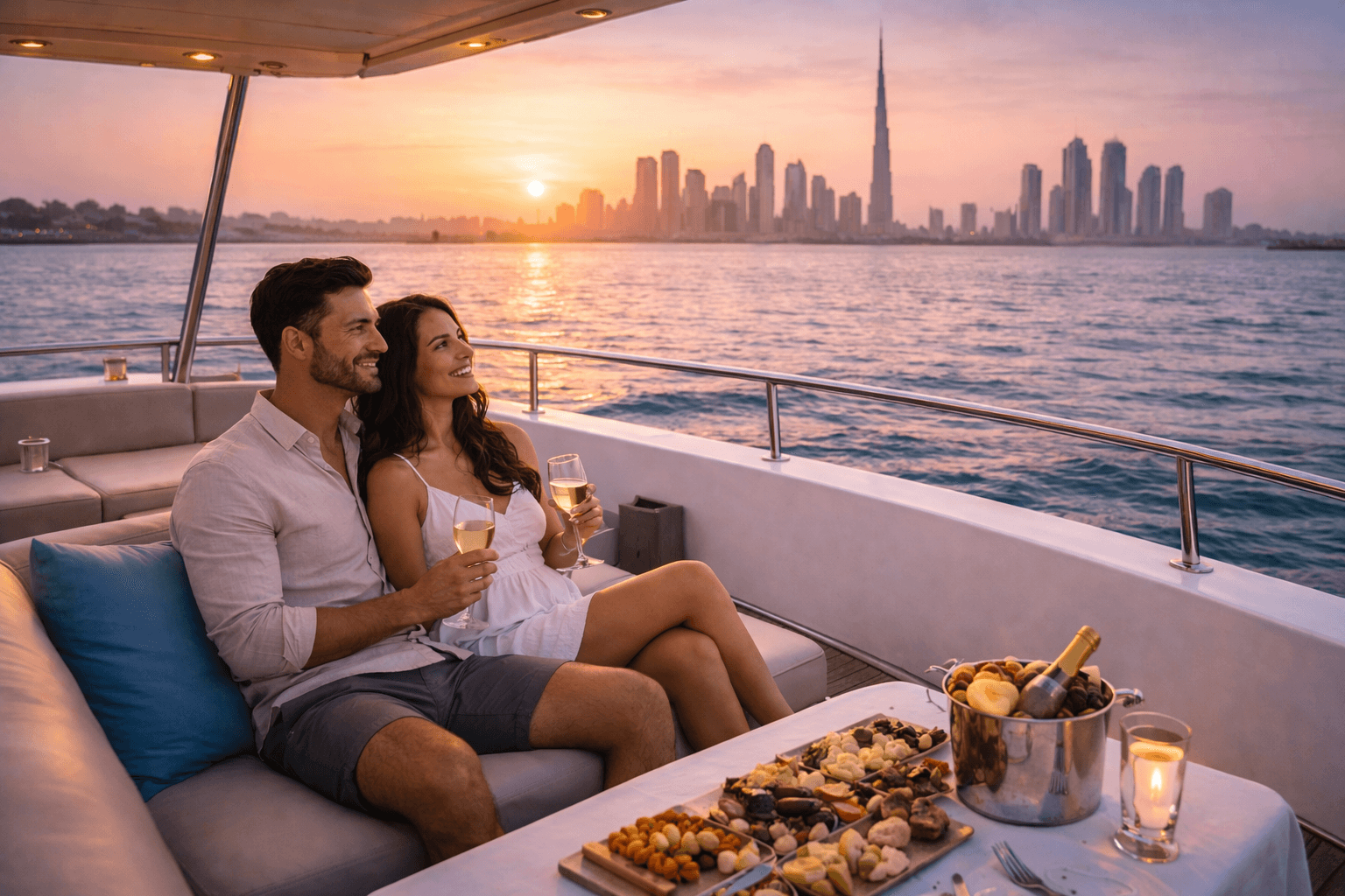 Couple relaxing on a luxury private yacht cruise in Dubai with skyline sunset view