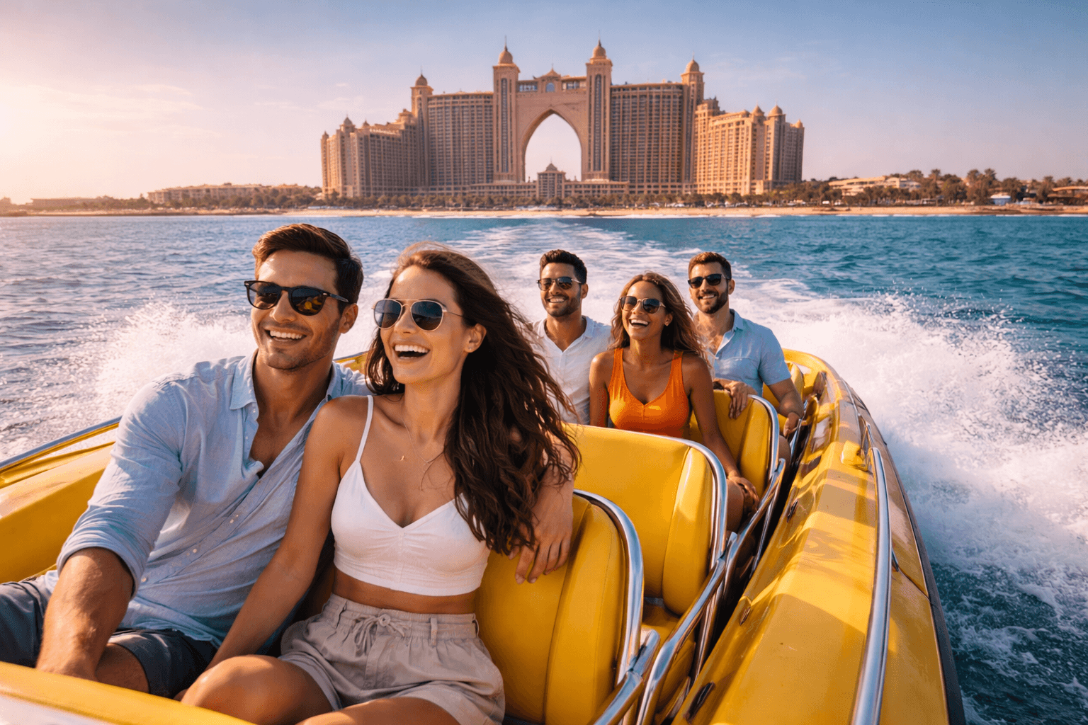 Tourists enjoying a speedboat tour near Atlantis The Palm at Palm Jumeirah Dubai